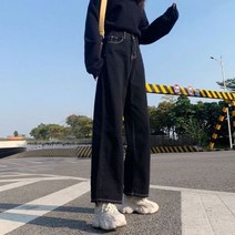 멜빵 블랙진 골반뽕 생지데님 청바지 빈티지 솔리드 컬러 올 매치 하이 웨이스트 용 걸레질 데님 바지 가을 배기 시크 얼짱 스트리트 캐주얼