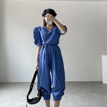 어멜리스 여성용 브이 린넨 리본 퍼프 반팔 조거 점프수트 (3color)