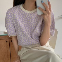 드라마 비밀의 집 94회 유광미 방은희 꽃무늬 니트 스타일 의상 옷 패션 여름 외국 연령 감소 라운드 넥 풀오버 느슨한 퍼프 소매 작은 데이지 니트 스웨터 티셔츠 탑 여성
