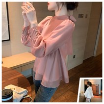 킴361도 봄 가을 루즈핏 벌룬소매 리본블라우스 시폰블라우스 상의