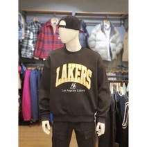 NBA 겨울 신상품 할인!! 남여공용 LA LAKERS 아치형 팀로고 레터링 포인트 데일리로 입기 좋은 블랙칼라 오버핏 기모 맨투맨 티셔츠