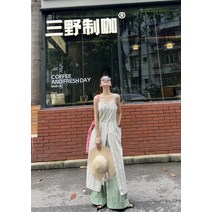 데일리 단추 원피스 세로 스트라이프 투웨어 서스펜더 여름 슬릿 미드 길이 스커트