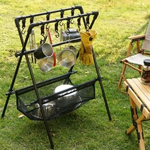 JANNA 다용도 인디언 행어 캠핑 선반 (행어+고리10P+메쉬 바스켓+전용 수납가방), 블랙