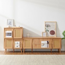 [소티디자인] 헤이즐 라탄 플랩도어 TV 거실장 1500 + 수납장 730 세트 - 캄포베, 캄포+드릴 P108RTO+P401RTOUP