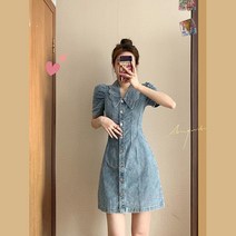 POMTOR 데님 원피스 여여름 프렌치 빈티지 허리 조임 날씬해 보이는 분위기 스커트