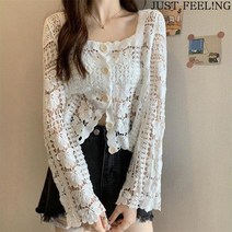 JUST FEEL!NG 꽃 자수 뜨개 볼레로 그물 자외선차단 여름 니트 가디건 2color