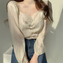 [랜덤플레이] 시크 넥 셔링 퍼프 쉬폰 블라우스
