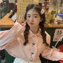 실사 한과 달콤한 감령 자수 셔츠 포켓 진주 단추 웨이브 칼라 와이드 블라우스