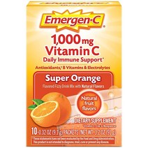 Emergen-C 비타민 C 1000mg 파우더 (10개 슈퍼 오렌지 맛) 항산화 물질 비타민 B 및 전해질 포함 식이 보충제 탄산 음료 믹스 카페인 프리, Orange, 10 Count (Pack of 1)