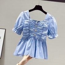 2023봄 여름 반팔 케쥬얼 주름 데일리 쇄골 셔츠 블라우스 브이넥 복고풍