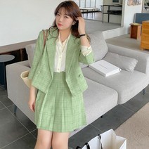 빅사이즈 플리츠 스커트 체크 자켓 추석 모임룩 셋업