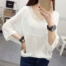 아율원트_여성 펀칭 메쉬 가오리 니트 블라우스 셔츠 시원한 프린트 쉬폰 레이스 여름 예쁜_RUwan+아율원