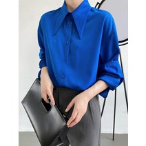 유니크 빅카라 여자 봄가을 블라우스 코발트블루 고급진 오피스룩 셔츠 깔끔한 상의 코디