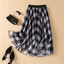 우아한 레드 그린 체크 타탄 앵클 롱 메쉬 스커트