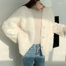 워시 에코퍼 양털 노카라 심플 퍼 자켓 아이보리 베이지