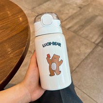 원터치오픈 빨대 보온 보냉텀블러 물병 강아지 곰돌이 토끼 일러스트 물컵 다용도 헬스용 대용량 진공 SUS304 스텐 350/450ml 여성용, 베이지 1, 350ml