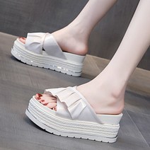Makone 통굽슬리퍼 리본 슬리퍼 여성여름 웨지힐 통굽 유행치마 외부착용 일자슬리퍼 키높이 미끄럼방지 비치 슬리퍼샌들