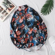 여름 남성 셔츠 패션 일본 스타일 트렌드 Streetwear 긴 소매 캐주얼 Harujuku 의류 낙서 탑