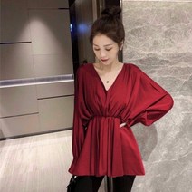 SJW 봄가을 브이넥 블라우스 무지 루즈핏 긴팔 플레어 풀오버 남방 셔츠 여성상의 S~5XL