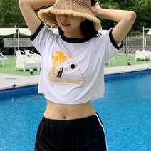 [비치웨어 착용감굿!] 로하 배색 크롭 래쉬가드, 핑크