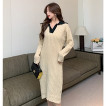 어라운드24 여성 롱 원피스 카라 긴팔 골지 니트 h라인 브이넥