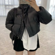 엘샾 여성 하이넥 레더 크롭패딩 빵빵한 웰론 2단 숏 패딩점퍼 유광패딩