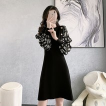 슬림핏 고급 벌룬 소매 스티칭 시폰 니트 미디 원피스 심플 스타일리쉬 우아한 명품핏 원피스