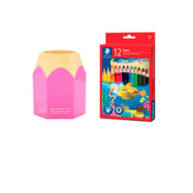 스테들러 루나 점보 12색 색연필 + 델리 연필모양 펜꽂이 세트, 색상(노출 필수):핑크(펜꽂이) 색연필(혼합색상), 1세트