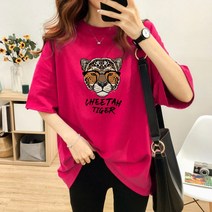 스타일아유 여성 여름 면100% CHEETAH TIGER 레터링 프린팅 루즈핏 반팔 티셔츠 빅사이즈 M~2XL 반팔티 롱티 캐주얼 오버핏 자체제작