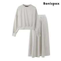 (백화점 정품) 보니스팍스 라운드넥 무지 맨투맨 롱 스커트 셋업 (XO1OW016L0) 729896, 그레이, 1개