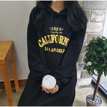 상상그이상 여성용 국내제작 데일리 마실룩 레터링 양트임 오버핏 후드 롱원피스 꾸안꾸룩 집순이룩