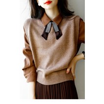 오-넥 캐시미어 조끼 여성 스웨터 가을 겨울 새로운 한국어 느슨한 진주 스웨터 조끼 민소매 스웨터