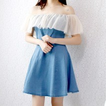 리피니피 오프숄더 레이스 프릴 데님 A라인 청 원피스