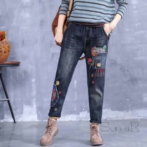 Sun siR 청바지 스판 기모 융 여성 겨울 단아한 캐릭터 스티커 천 면바지 와이드 루즈핏 슬림핏 일자 통 바지 배기 팬츠