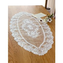 북유럽 엔틱 자수러그 식탁커버 협탁러그 타원 레이스 화이트
