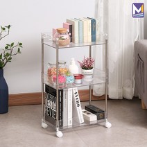 MCOMPANY 트롤리 베란다 조립식 진열대 트레이 다용도 3단 가정용 투명 주방 욕실 서랍장 수납 미니 슬림 높은 이동식 펜트리 선반장 수납함 정리 수납장 선반 정리대 A803S, 색상: 스틸&투명(바퀴 화이트)
