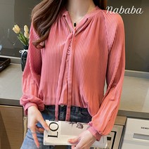나바바 NB665 여성 러블리 셔링 리본넥 긴팔 블라우스