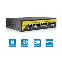 1000Mbps Hiseeu 8포트 PoE 스위치 포트 8p 이더넷 업링크포트 2개 802.3af/at 100Mbps 플러그 앤 플레이 120W AI Watchdog 250m 82, 10 port-120W Hiseeu