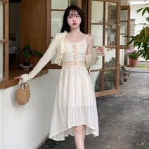 에브리바레 [가디건원피스] M-4XL 다먼즈 언발란스 스트링 봄 여름 가디건 쉬폰 셔링 레이스 여성 빅사이즈 롱원피스 투피스 데이트룩 나들이룩