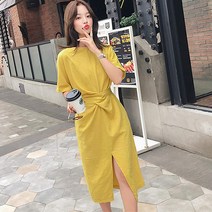 [루디아] 여성 롱슬릿 허리끈 린넨 코튼 원피스