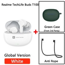블루투스이어폰 넥밴드Realme-TechLife Buds T100 블루투스 5.3 AI ENC Ture 무선 헤드폰 긴 배터리 수명 T, 14 white n green case