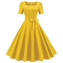 패션 womens 라인 플레어 빈티지 드레스 Bowknot Prom 스윙 짧은 소매 폴카 도트 인쇄 파티 드레스