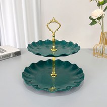 3단디저트트레이 3단 2단 접시 트레이 유럽식 플라스틱 다층 과일 거실 티테이블 캔디 프론트 세련된 케이크 과자 선반, 01 초록꽃잎이중금왕관