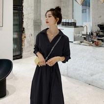 위위브렌 여성용 긴팔 브이넥 쉬폰 프릴 롱 원피스