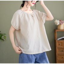 미셀즈픽 여성 린넨 면마 체크 반팔 블라우스