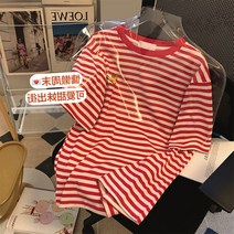 여성의류 마름질 잔품명세서 전문점 철회함 와이드 루즈핏 자수반팔티셔츠 스트라이프 상의 여름