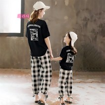 엄마랑딸커플룩 카툰 티셔츠 체크 냉장고바지 맘커플 Esyuse 증정