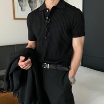 [한정수량]머슬핏 헨리넥 버튼 카라 케이블 반팔 니트 티셔츠
