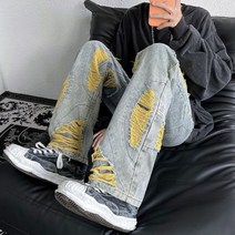 Privathinker미국 하이 스트리트 남성 청바지 대비 색상 찢어진 루즈핏 패션 데님 바지 힙합 남성 브랜드 바지