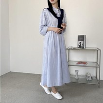 여자 헨리넥 스트라이프 셔츠핏 코튼 긴팔 롱원피스